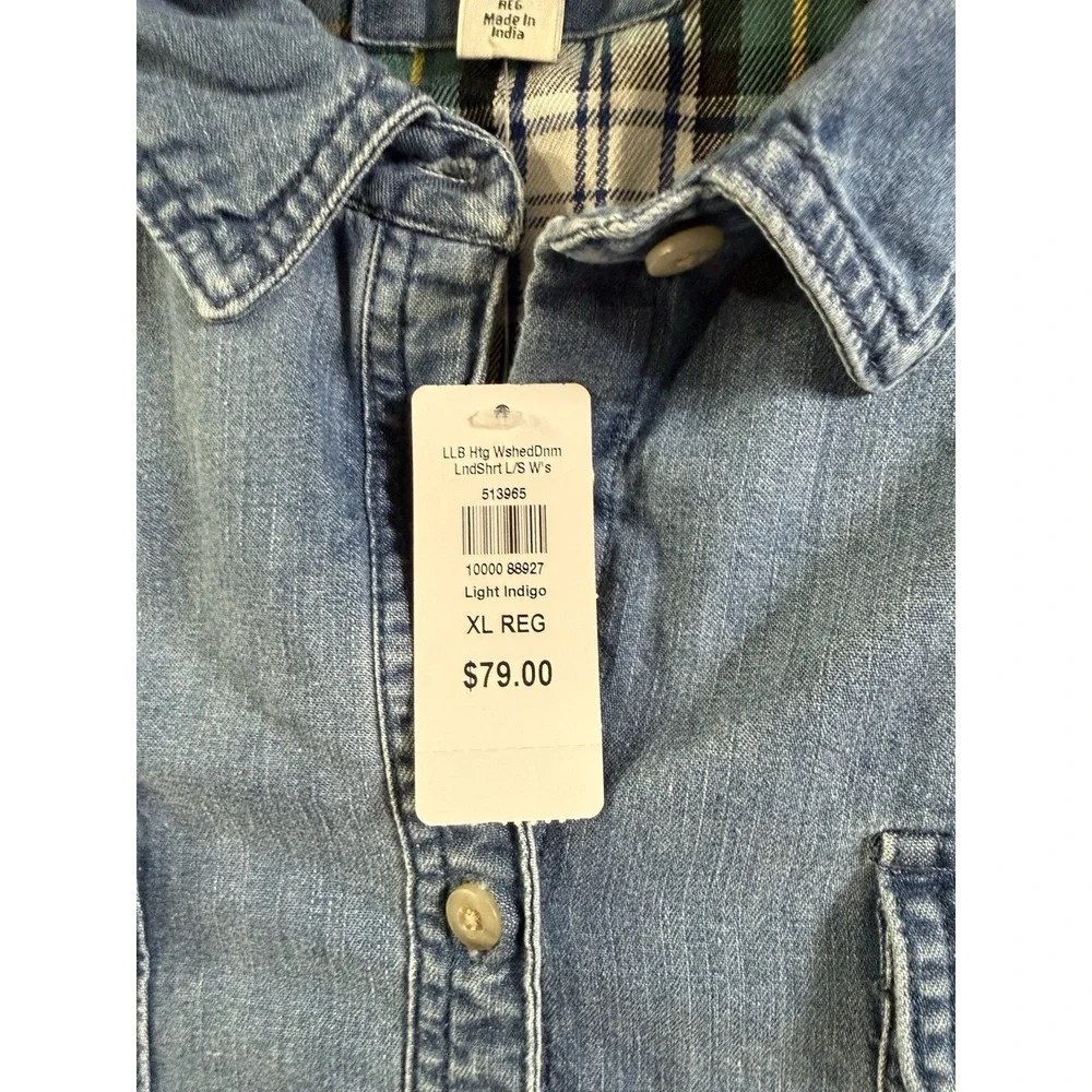 LL Bean Womens XL Heritage Washed Button Up Denim Shirt Plaid Lined Shacket NWT - Picture 5 of 6